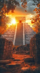 An ancient Mayan pyramid rises majestically from the misty overgrown jungle bathed in the warm glow of a stunning sunset  This captivating and mysterious archaeological wonder invites and discovery