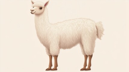 Fluffy white llama standing proudly against a plain background in a warm, inviting setting