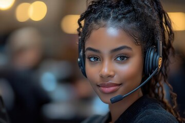 energetic black woman in a call center headset on confidently communicating with clients surrounded by modern office technology portraying a dynamic and supportive work environment