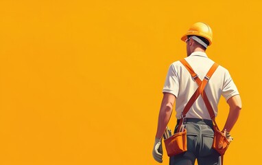 Hardworking construction worker in anime style, safety equipment and dynamic perspective against a bold and bright yellow backdrop