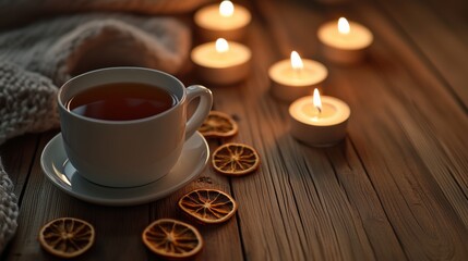 Fototapeta premium Relaxing evening with a warm cup of tea and candles on a wooden table