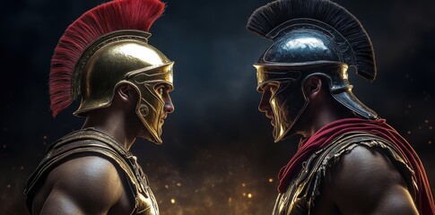 Clash of warriors in a dramatic showdown with shining armor and fierce determination under a smoky sky