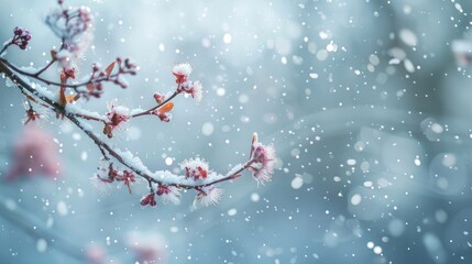 snow covered branches pink flowers with snow fall empty background