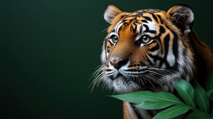 Fototapeta premium majestic tiger gazes thoughtfully, surrounded by lush green leaves, embodying beauty of wildlife. This striking image captures essence of natures elegance and power