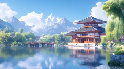 Fototapeta premium Serene Asian Temple Lakeside Mountain Vista