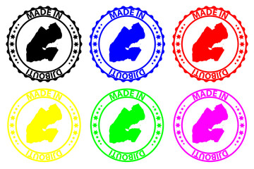 Made in Djibouti - rubber stamp - vector, Djibouti map pattern - black, blue, green, yellow, purple and red