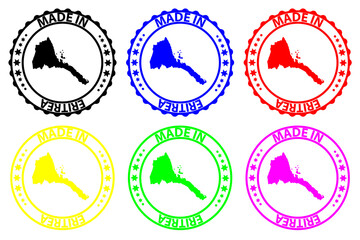 Made in Eritrea - rubber stamp - vector, Eritrea map pattern - black, blue, green, yellow, purple and red