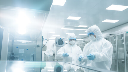 Fototapeta premium Scientists in Full PPE Working in Cleanroom