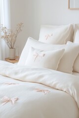 cozy bedding with soft cream fabric adorned with delicate pink embroidered bow patterns, a minimalist yet whimsical design, soft and soothing ambiance
