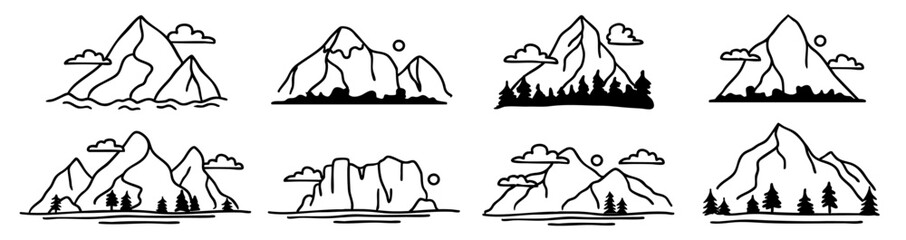 Obraz premium Hand drawn mountain outline collection with high peaks and landscapes