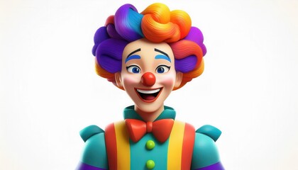 Fototapeta premium Vibrant Rainbow-Haired Clown with Colorful Suit, Orange Bowtie, and Big Smile. Perfect for April Fool's Day Fun, Jokes, Party Invitations, and Playful Celebration Ideas