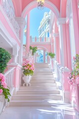 Fototapeta premium Pink Palace Staircase with Floral Decor