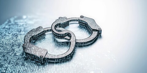 law and  restriction concept. Handcuffs on a digital background, symbolizing crime, law enforcement, or security themes.