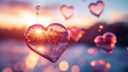 Obraz premium Glass Heart Bubbles Sunset Background Romantic Love