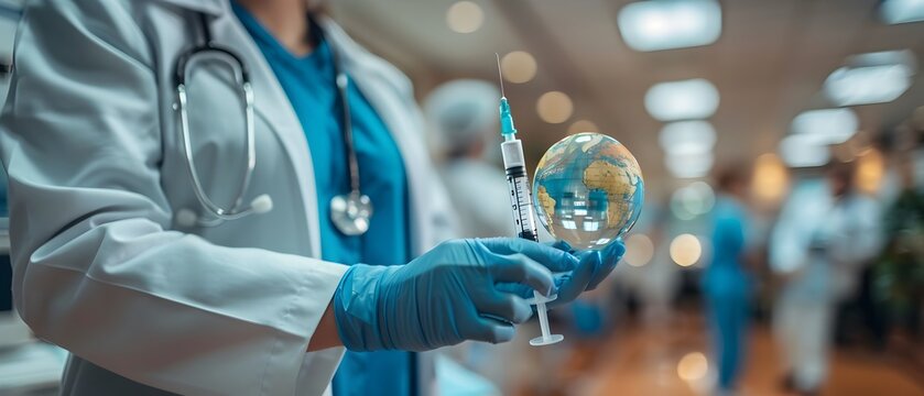 A doctor holding a syringe with a globe in his hand