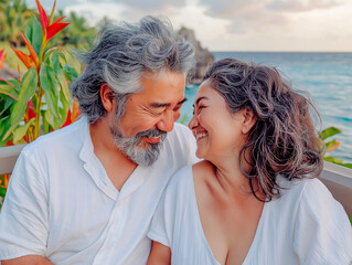 Mature asian couple enjoying a romantic beachside moment on vacation