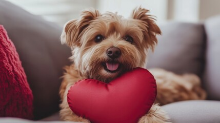 Cute dog holding a red heart pillow on a cozy couch in a warm living room