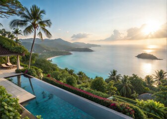 Naklejka premium Panoramic View from Luxurious Hotel Resort with Azure Sea, Tropical Gardens, and Infinity Pool
