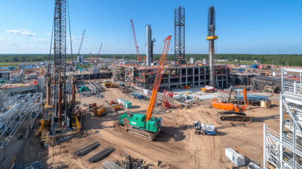 High angle view of sprawling oil drilling site with heavy machinery