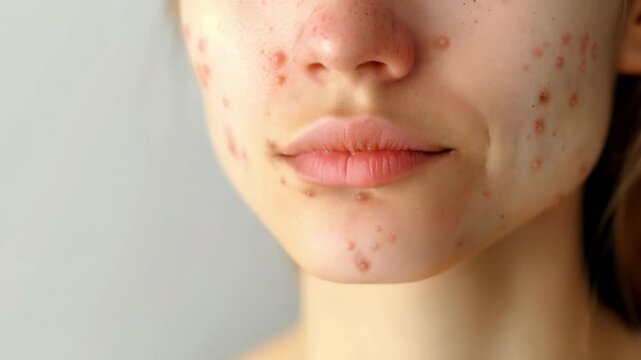 Close-up of a young woman&rsquo;s lower face showing red acne spots and natural skin texture