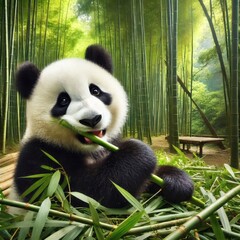 Fototapeta premium A playful panda munching on bamboo in its natural habitat, surrounded by a dense bamboo forest, showcasing the peaceful lifestyle of these gentle creatures.