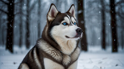 Naklejka premium Siberian Husky in Snowy Forest - Striking Winter Portrait