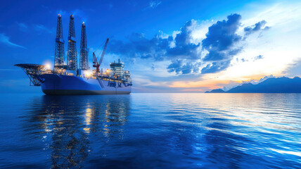 Fototapeta premium Massive offshore drilling rig illuminated at sunset over calm waters