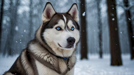 Naklejka premium Siberian Husky in Snowy Forest - Striking Winter Portrait