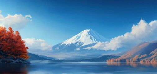 Obraz premium Majestic Mount Fuji with snowy peaks, serene lake reflections, and a misty winter forest under a vibrant blue sky