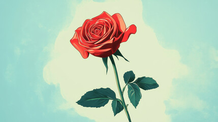 Single Red Rose Against a Soft Blue Sky: A solitary red rose stands tall against a calming sky, its petals unfurling in a vibrant display of beauty.