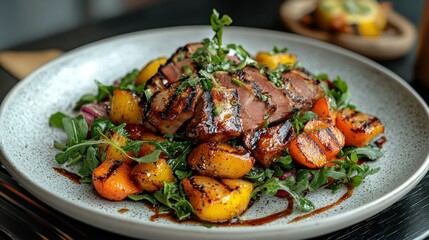 Grilled pork salad with roasted vegetables on restaurant table.