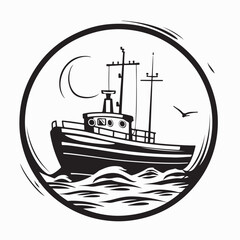 Fishing Boat vector image. Fishing boat on sea vector illustration design logo Vector Image 