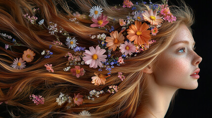 Fototapeta premium Piękna kobieta z kwiatami we włosach, wiosenne tło generative ai 