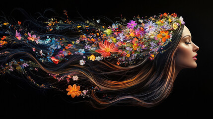 Fototapeta premium Piękna kobieta z kwiatami we włosach, wiosenne tło generative ai 