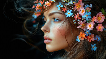 Piękna kobieta z kwiatami we włosach, wiosenne tło generative ai 