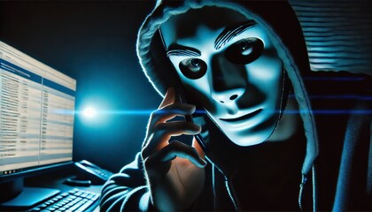 A close-up of a scammer in the middle of a deceptive phone call. The scammer has a calculating and manipulative expression.