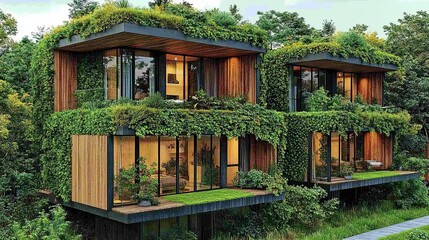 A high-resolution aerial view of a modern sustainable city with abundant green spaces. Features include rooftop gardens, solar panels on buildings, and clean streets.