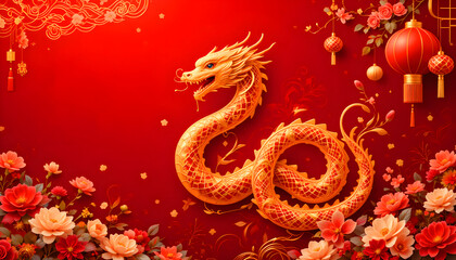 Fototapeta premium Chinese banner, Happy New Year 2025 poster. Snake silhouette icon, 3d flowers, asian clouds on red background.