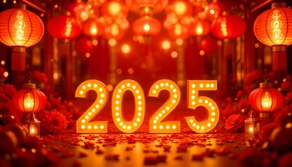 Happy New Year 2025, Chinese style in red colors.
