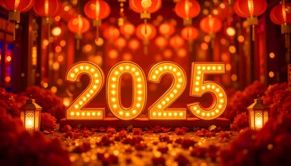 Happy New Year 2025, Chinese style in red colors.