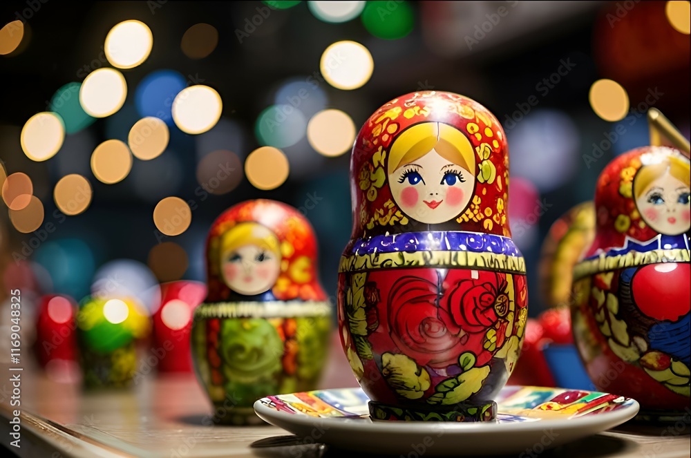 Wall mural Traditional Russian nesting dolls with intricate folk art designs on decorative saucer