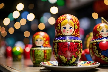 Fototapeta premium Traditional Russian nesting dolls with intricate folk art designs on decorative saucer