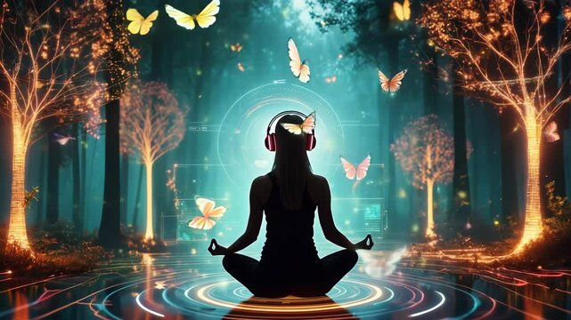 Woman meditating with headphones in magical forest
