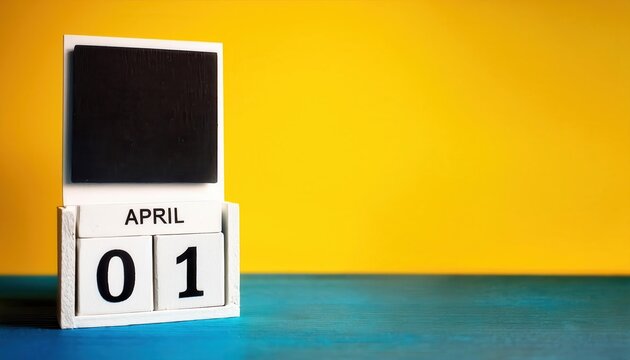 April 1st Minimalistic Wooden Calendar on Vibrant Yellow and Blue Background for Fool's Day Celebrations, Perfect for Creative Pranks, Social Media Campaigns, and Fun Holiday Reminders