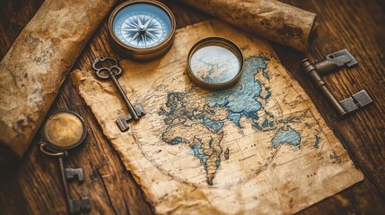 A detailed close-up of a vintage world map laid out on an old wooden table. Surrounding elements include a compass, magnifying glass, and antique keys. Warm sepia tones create a nostalgic atmosphere.