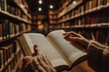 Cozy library experience with a person with visual impairment reading a Braille book on a warm evening