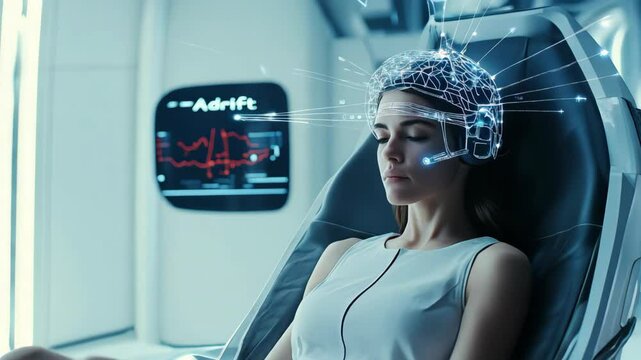 Futuristic neural interface technology with woman in advanced medical device
