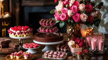 A luxurious Valentine&acirc;&euro;&trade;s dessert table featuring chocolate fondue, heart-shaped treats, and a centerpiece of roses, [Valentine&acirc;&euro;&trade;s celebration], [decadence and charm]