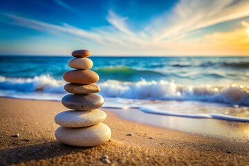 Fototapeta premium Stacked Pebbles on Sandy Beach at Sunset. Zen smooth stones on sandy beach with ocean waves and a vibrant sunset sky in the background