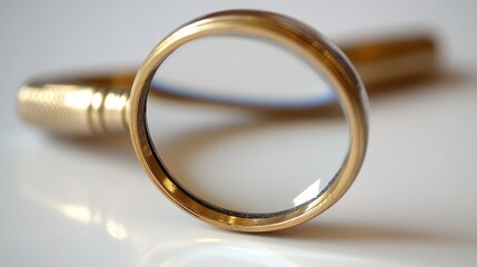 Close-up of a gold magnifying glass on a white surface.